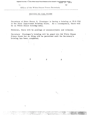 Briefing by Secretary of State Henry A. Kissinger and change of briefing schedule [Notice to Press]