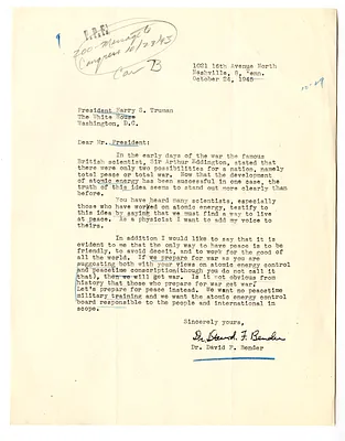 Letter from Dr. David F. Bender to President Harry S. Truman