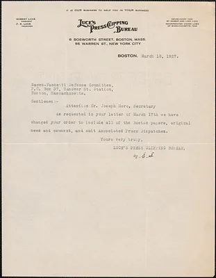 Luce's Press Bureau typed note to Joseph Moro (Sacco-Vanzetti Defense Committee), Boston, Mass., March 18, 1927
