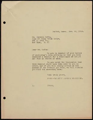 Sacco-Vanzetti Defense Committee typed letter (copy) Aurelio Sofia (Sons of Italy Grand Lodge), Boston, Mass., November 22, 1924