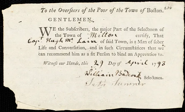 George Jolly indentured to apprentice with Hugh McLain [McLean] of Milton, 22 May 1793