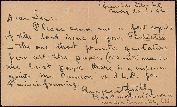 "Rabotnicheska Provseta" (Labor Education) autograph letter signed to Sacco-Vanzetti Defense Committee, Granite City, Ill., May 15, 1927