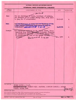 Memorandum from James Lay to Secretary of State Dean Acheson, Chairman of the Atomic Energy Commission Gordon Dean, and Secretary of Defense General George C. Marshall with Attachment