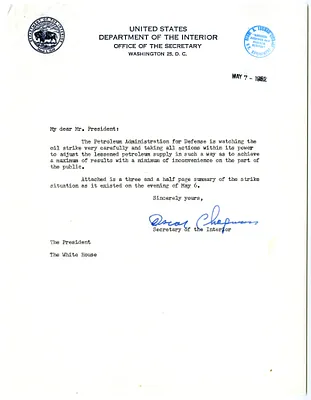 Memorandum from Secretary of the Interior Oscar Chapman to President Harry S. Truman, with Attachment