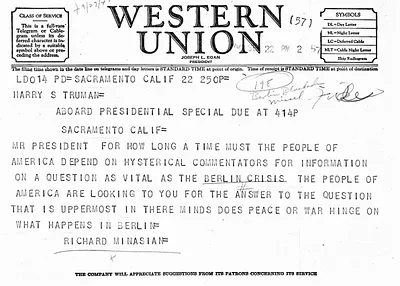 Telegram from Richard Minasian to President Harry S. Truman