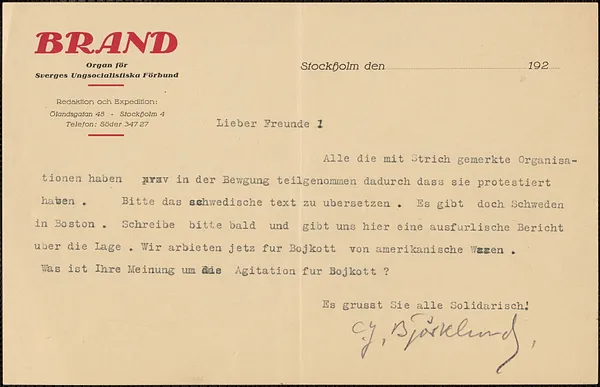 C. J. Björklund (Brand) typed note signed, in Swedish, to [Sacco-Vanzetti Defense Committee], Stockholm, Sweden, [1927?]