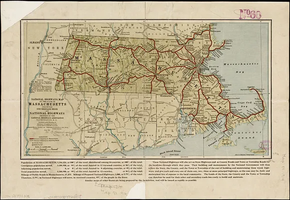 National Highways map of the state of Massachusetts showing one thousand miles of national highways proposed by the National Highways Association, Washington D.C