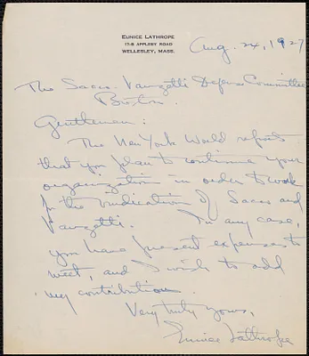 Eunice Lathrope autograph note signed to Sacco-Vanzetti Defense Committee, Wellesley, Mass., August 24, 1927