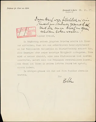 Halle, Ernst von, 1868-1909 typed note signed to Hugo Münsterberg, Grunewald b. Berlin, 23 October 1907