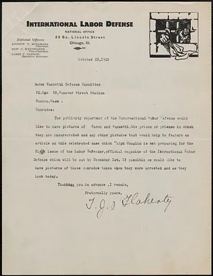 T. J. O'Flaherty typed letter signed to Sacco-Vanzetti Defense Committee, Chicago, Ill., October 23, 1925