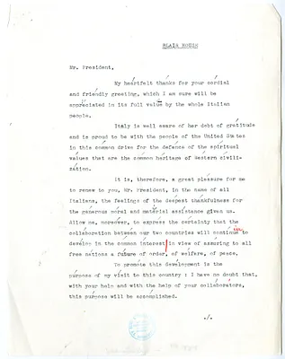 Text of Toast Given by Prime Minister of Italy Alcide de Gasperi at Blair House Luncheon