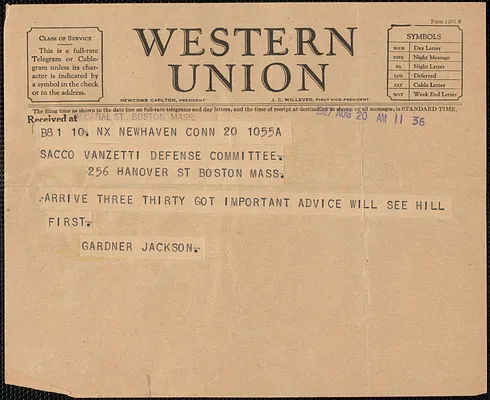 Gardner Jackson telegram to Sacco-Vanzetti Defense Committee, New Haven, Conn., August 20, 1927