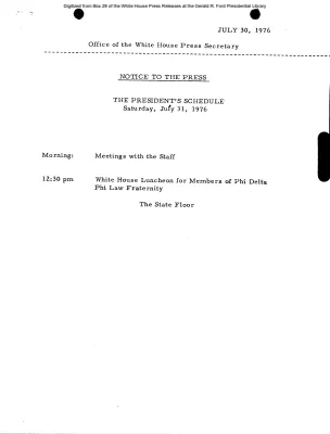 President's Schedule, Saturday, July 31, 1976