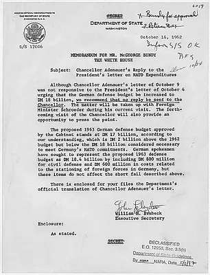 Memorandum for McGeorge Bundy, Chancellor Adenauer's Reply to the President's Letter on NATO Expenditures, 16 October 1962