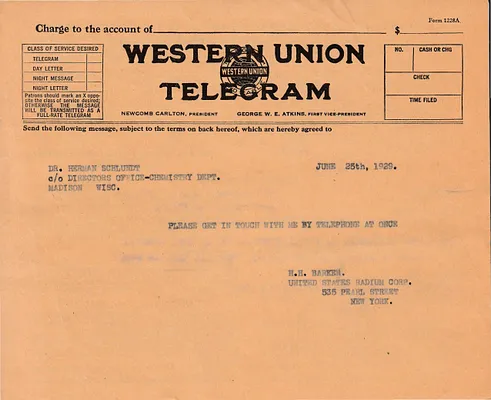 Telegram to Dr. Herman Schlundt, June 25, 1929