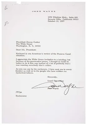 Letter from John Wayne to President Jimmy Carter Regarding the Panama Canal