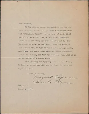 Margaret and Rebecca Shipman typed letter signed to Sacco-Vanzetti Defense Committee, Lee, Mass., August 23, 1927