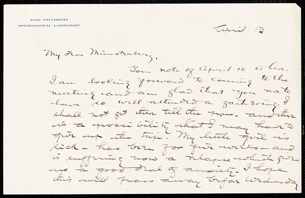 Judd, Charles Hubbard, 1873-1946 autograph letter signed to Hugo Münsterberg, New Haven, Conn., 12 April