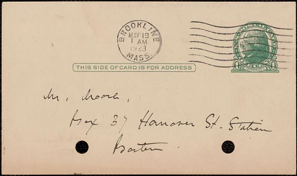 Elizabeth G[lendower] Evans autograph note signed (postcard) to [Fred H.] Moore, Brookline, Mass., May 19, 1923