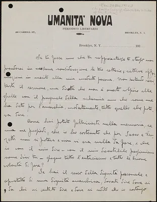 [Mario?] Baldini (Umanita Nova) autograph letter signed, in Italian, to [Emilio Coda?], Brooklyn, N.Y., approximately [December 20, 1924]