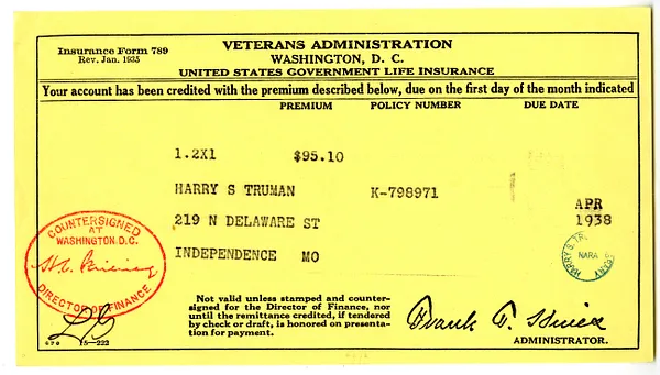 Insurance Premium Notice for Harry S. Truman, United States Veterans Administration