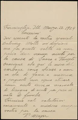 V. Mayer autograph note signed, in Italian, to Sacco-Vanzetti Defense Committee, Farmington, Ill., March 22, 1924