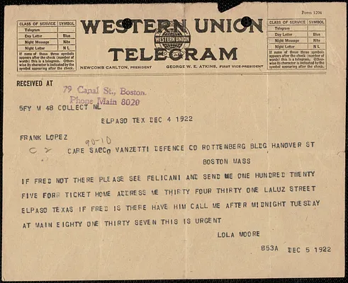 Lola Moore telegram to Frank Lopez, El Paso, Tex., December 4, 1922