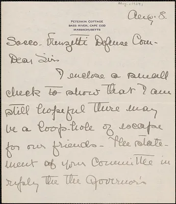 Martha Davis autograph note signed to Sacco-Vanzetti Defense Committee, Bass River, Cape Cod, Mass., August 8, [1927]
