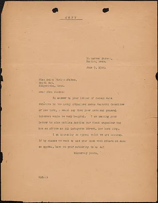 [Elizabeth Glendower Evans] typed letter (copy) to Helen P. Stokes, Boston, Mass., June 9, 1924