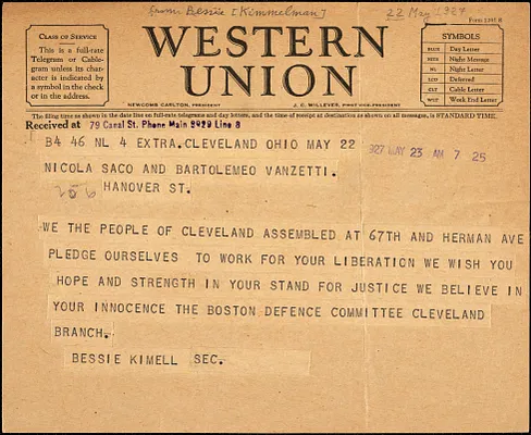 Bessie Kimell (Sacco-Vanzetti Defense Committee - Cleveland Branch) telegram to Nicola Sacco and Bartolomeo Vanzetti, Cleveland, 23 May 1927