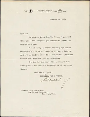 Doubleday, Frank Nelson, 1862-1934 typed letter signed to Hugo Münsterberg, New York, 12 November 1908