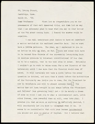 James, William, 1842-1910 typed letter signed to Hugo Münsterberg, Cambridge, Mass., 23 March 1892