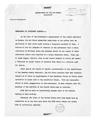 Memorandum from Secretary of the Air Force Stuart Symington to Secretary of Defense Louis Johnson