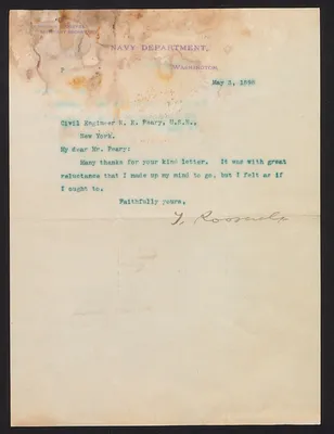Letter from Theodore Roosevelt, Assistant Secretary of the Navy, to Robert E. Peary, Civil Engineer