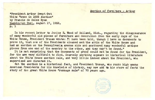Washington Post Excerpt re President Chester A. Arthur's Auction of White House Furniture