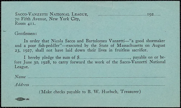 Sacco-Vanzetti National League typed blank contribution form, New York, N. Y., approximately [1928]