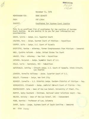 Memorandum from Pat Lindh to Doug Bennett Regarding Candidates for Supreme Court Justice