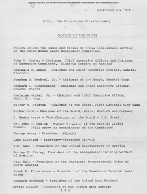 Names and Titles of Individuals Serving on the White House Labor Management Committee [Position Appointments and Resignations]
