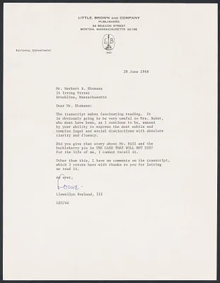 Herbert Brutus Ehrmann Papers, 1906-1970. Sacco-Vanzetti. Liva Baker interview with HBE, June 3, 1968, concerning Felix Frankfurter, Sacco-Vanzetti and books about Sacco-Vanzetti case, HBE's career. Box 7, Folder 11, Harvard Law School Library, Historical & Special Collections