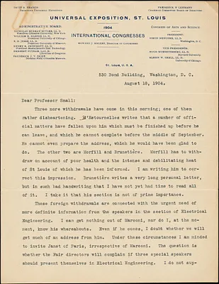 Newcomb, Simon, 1835-1909 typed letter signed to Albion Small, Washington, D.C., 18 August 1904