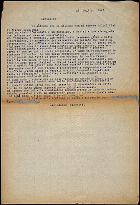 Bartolomeo Vanzetti typed letter (copy) to the Vanzetti family, [Charlestown], 30 July 1927