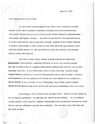Draft of Press Release, Statement by President Harry S. Truman