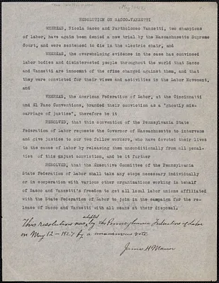 James Maurer (Pennsylvania State Federation of Labor) typed resolution to [Alvan T. Fuller, May 12, 1927]