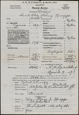 Estimate from J. S. Waterman & Sons, Inc. for funeral of Isabelle Daisy Knapp, April 9, 1937