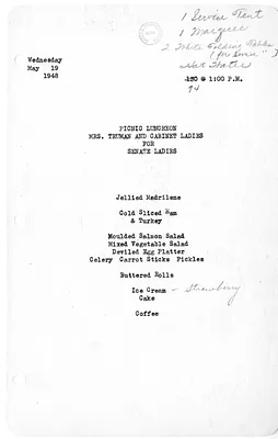 Picnic Luncheon Hosted by First Lady Bess W. Truman and Cabinet Ladies for Senate Ladies