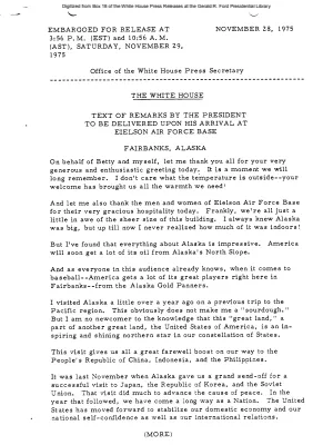 Text of Remarks by the President to Be Delivered upon His Arrival at Eielson air Force Base, Fairbanks, Alaska [Ford Speech or Statement]