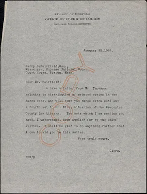 Letter from Robert B. Worthington, Clerk of Courts (Norfolk County) to Harry L. Fairfield, Messenger at Supreme Judicial Court