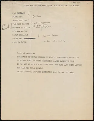 Sacco-Vanzetti Defense Committee telegram (circular) to Max Eastman and others, Boston, Mass., [August 19?, 1927]