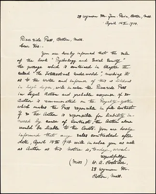 Boettcher, Wilhelmina autograph letter signed to Riverside Press, Boston, 14 April 1914