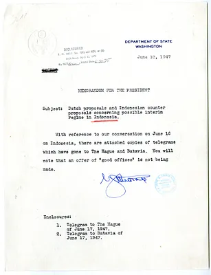 Memorandum from Secretary of State George Marshall to President Harry S. Truman, with Attachments
